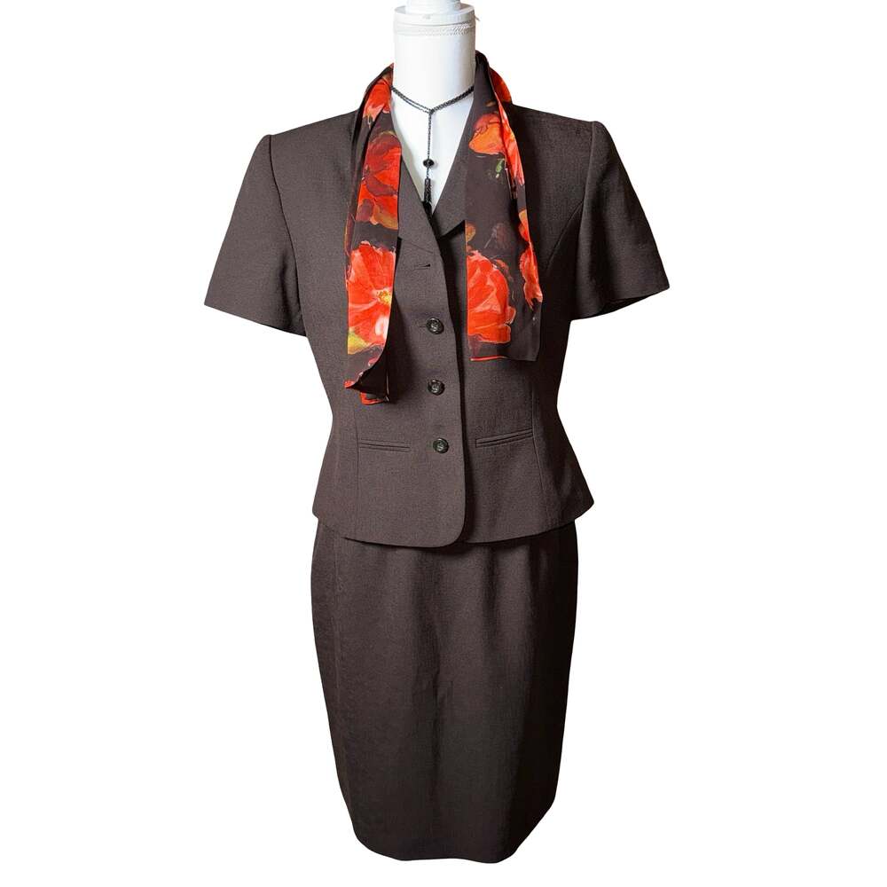Vintage Kasper A.S.L. Petite 10P Brown Skirt Suit Set with Floral Scarf